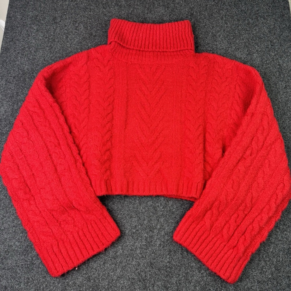 Elan Womens L Red Cable Knit Cropped Turtleneck Sweater Balloon Sleeve Cozy